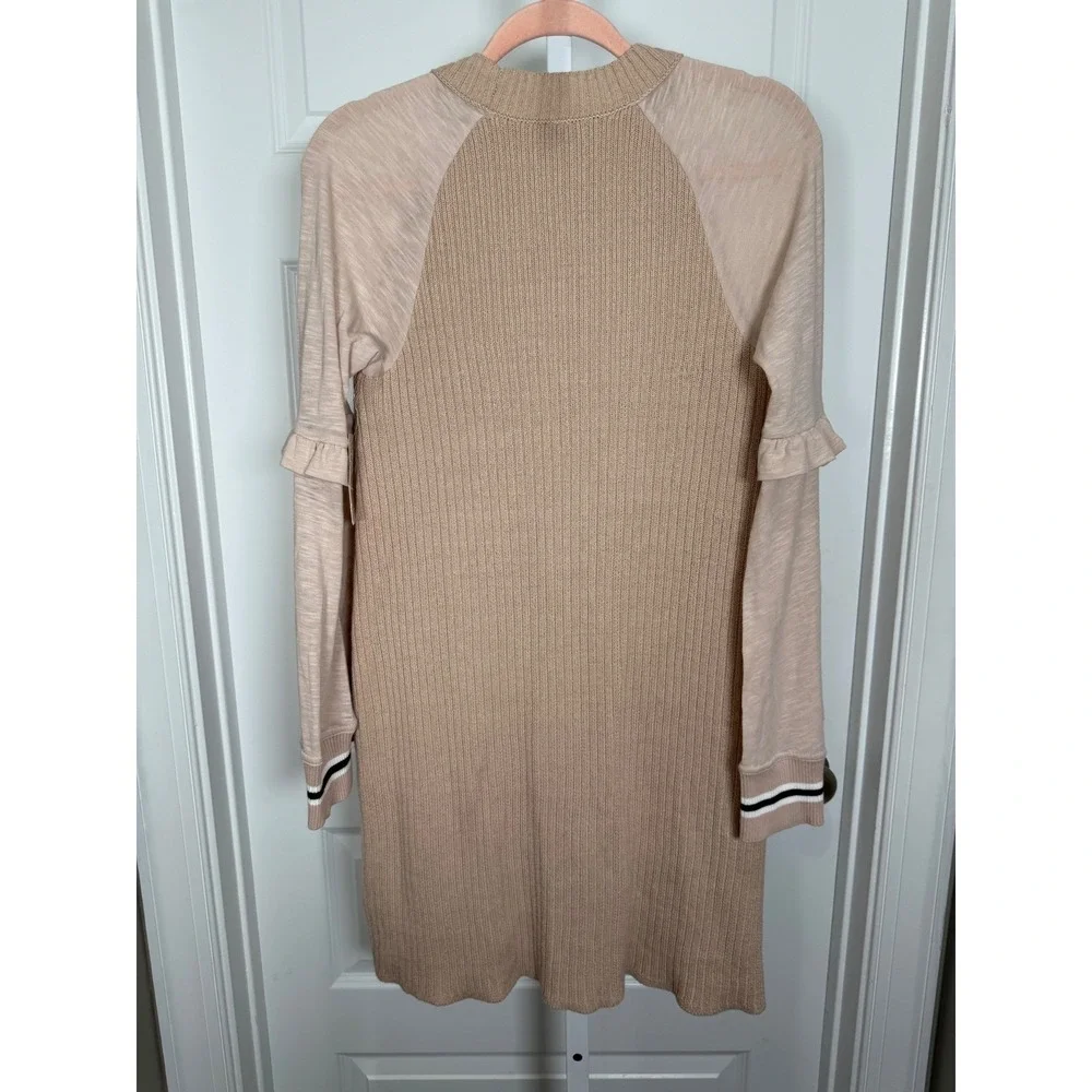 Free People Zou Bisou Sweater Dress Beige Ruffle Sleeve‎ M NWT  Boho Chic